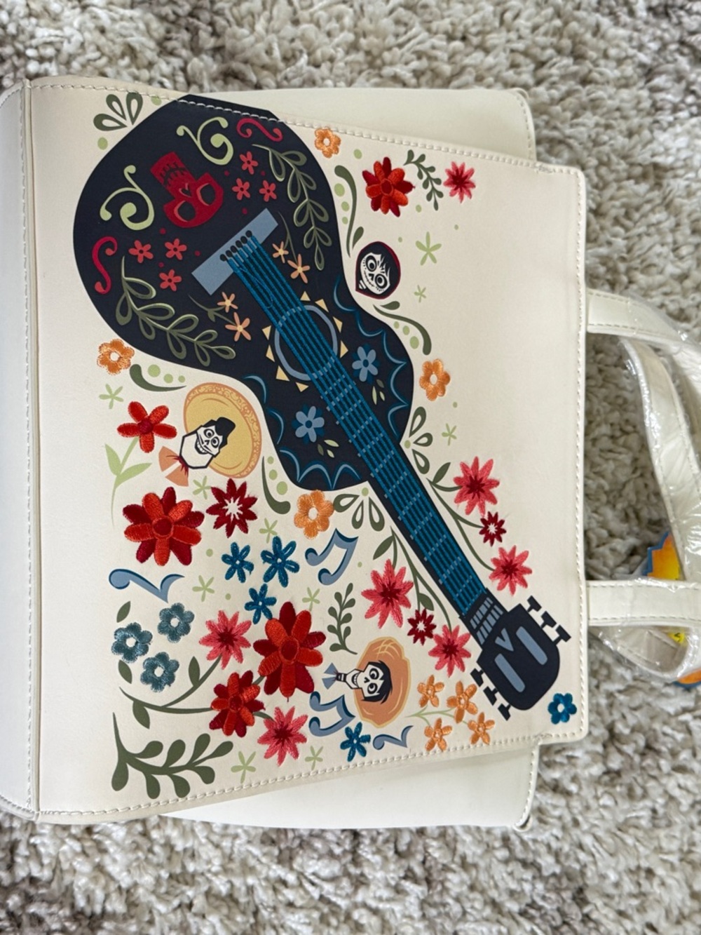Loungefly Coco Cream Tote with Colorful Guitar Floral Print